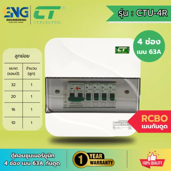 CT ELECTRIC ตู้คอนซูมเมอร์ยูนิต 4 ช่อง พร้อมเมนกันดูด 63A และลูกย่อย รุ่น CTU-4R