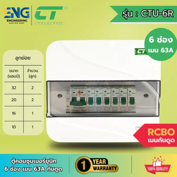 CT ELECTRIC ตู้คอนซูมเมอร์ยูนิต 6 ช่อง พร้อมเมนกันดูด 63A และลูกย่อย รุ่น CTU-6R