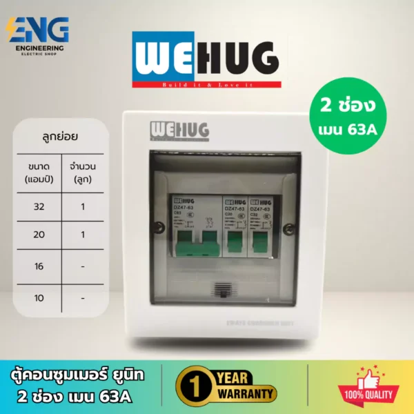 WEHUG ตู้คอนซูมเมอร์ยูนิต 2 ช่อง เมน 63A พร้อมลูกย่อย